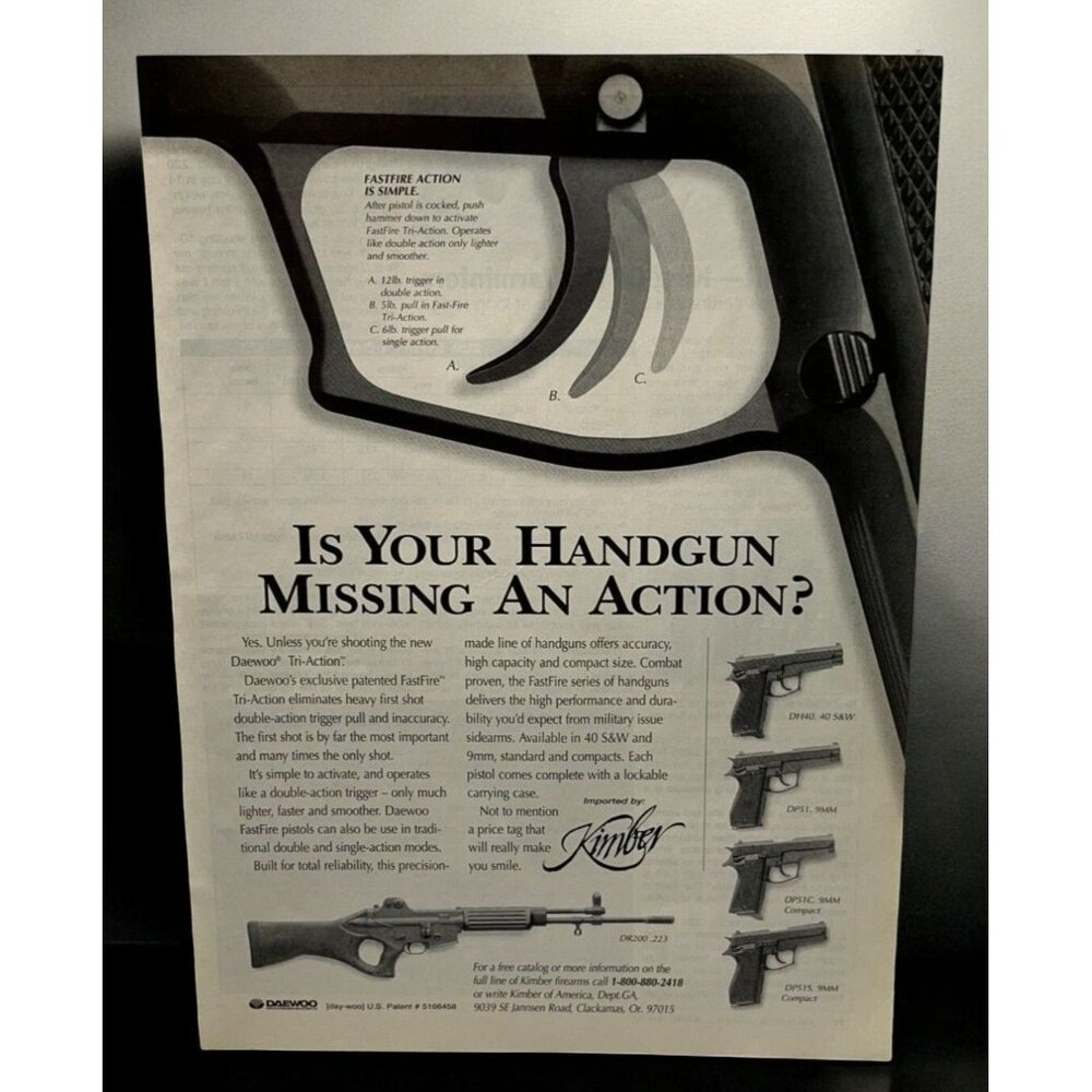 Daewoo Tri-Action Handgun Vintage Print Ad 1990s FastFire Pistols Kimber